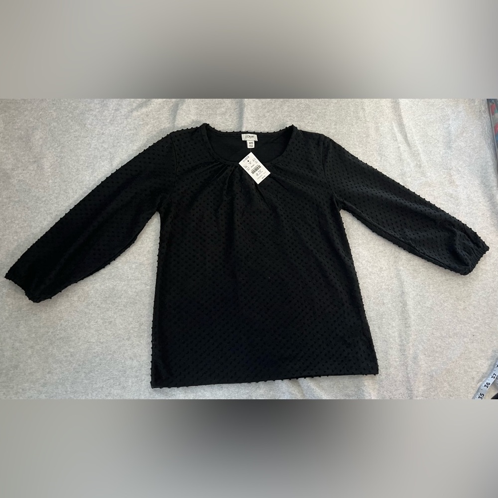 J. CREW Clip Dot Swiss Dot Top Poet Sleeve Blouse Size Xxs Black